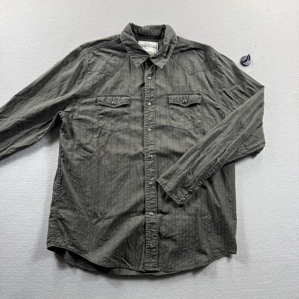 Aeropostale Shirt Mens Large Gray Stripe Western Snap Pockets Long Sleeve Casual